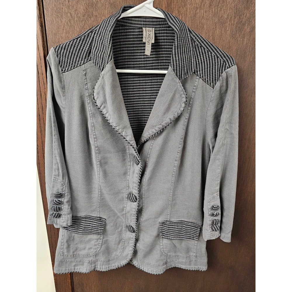 XCVI Womens Gray Striped Mixed Media Linen Blend Blazer Jacket Size L 13611